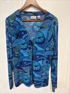 Chico's Blue Multi-Pattern Long Sleeve Cardigan